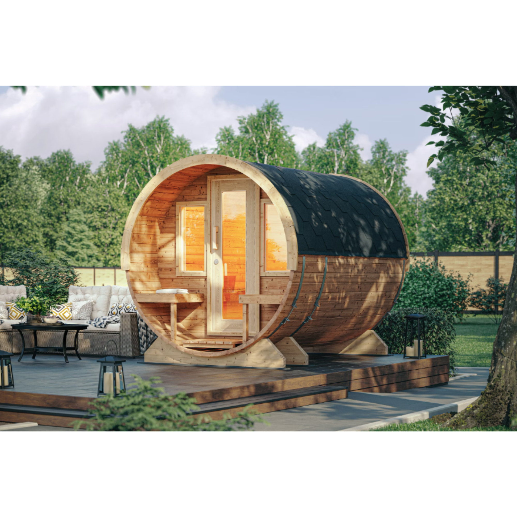Fasssauna Pro — Premium Outdoor Sauna mit Terrasse