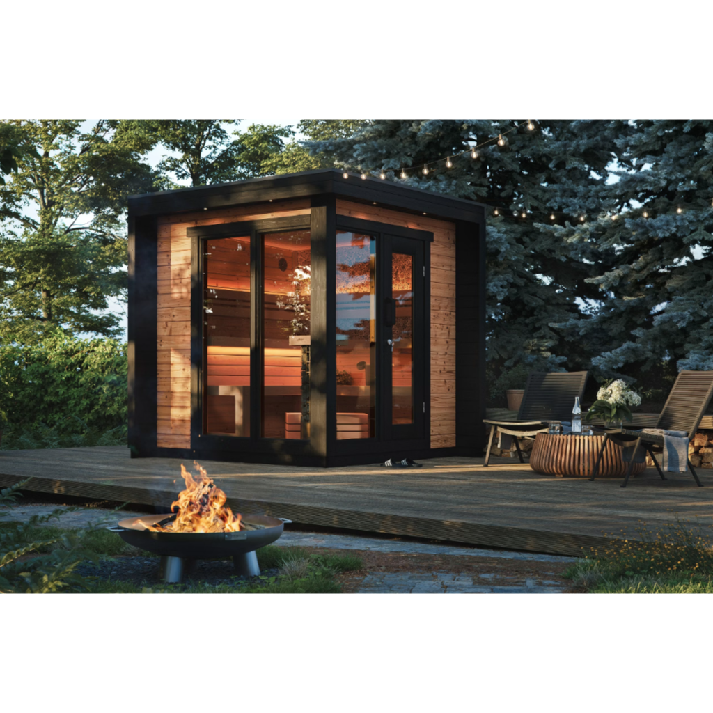Blocksauna Pro — Massive Kubus-Sauna mit Panorama-Glasfront