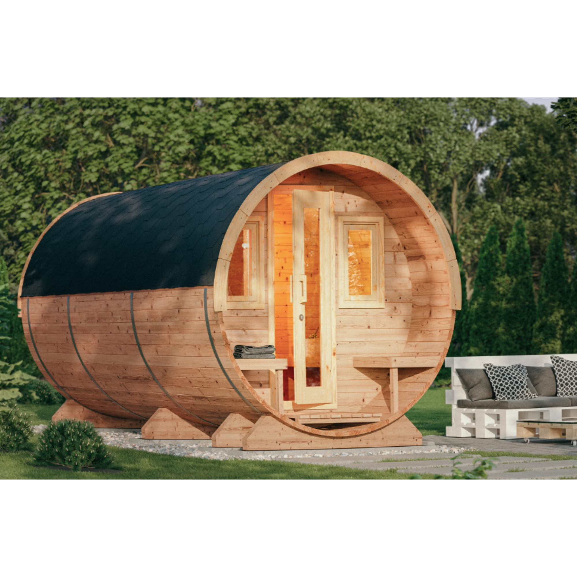 Fasssauna Elite — Luxus Outdoor Sauna mit Vorraum & Terrasse