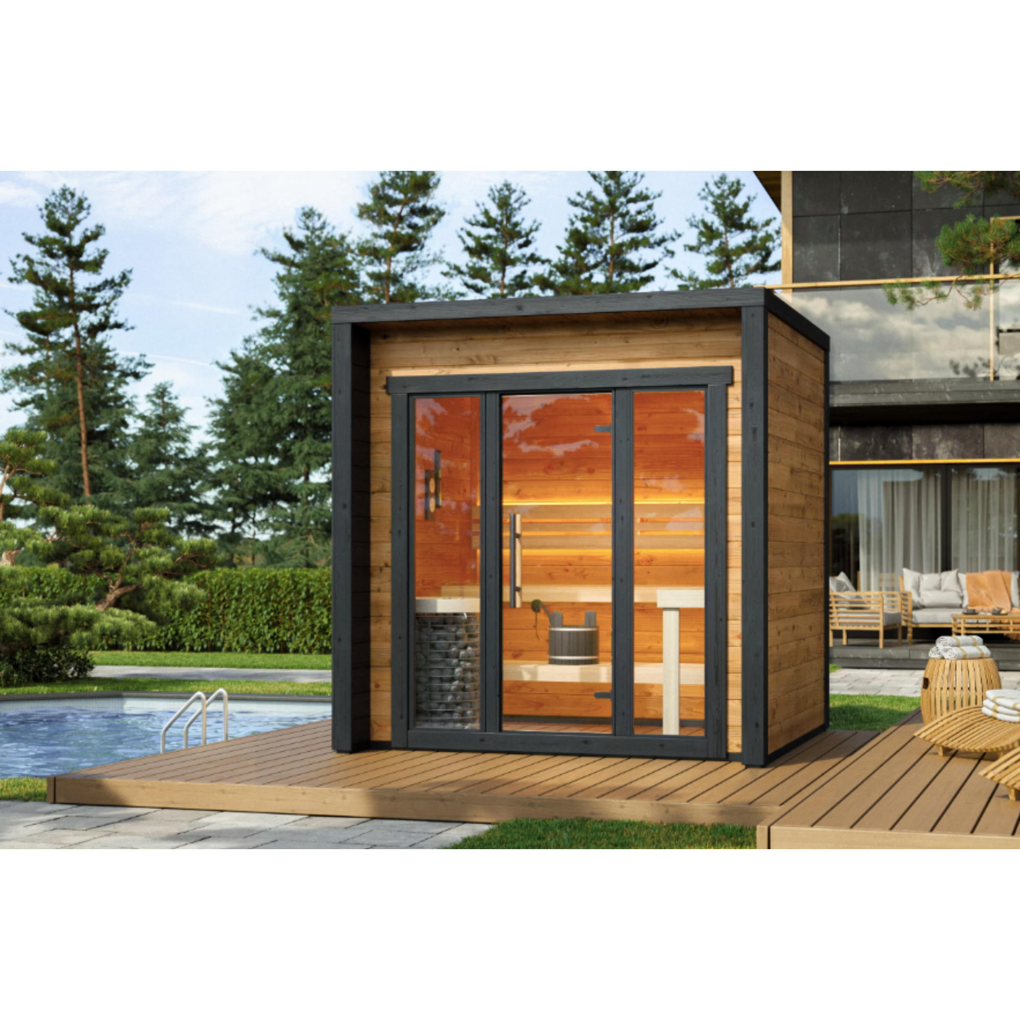 Blocksauna Essential — Moderne Gartensauna mit Panorama-Glasfront