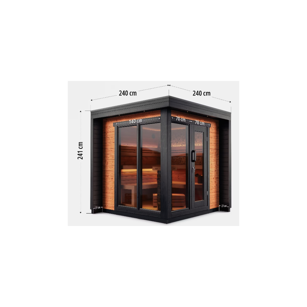 Blocksauna Pro — Massive Kubus-Sauna mit Panorama-Glasfront