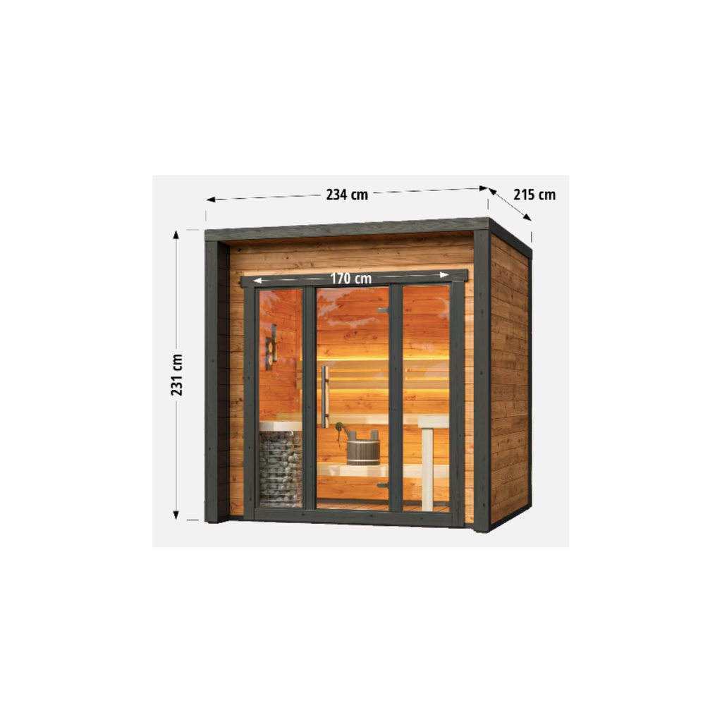 Blocksauna Essential — Moderne Gartensauna mit Panorama-Glasfront