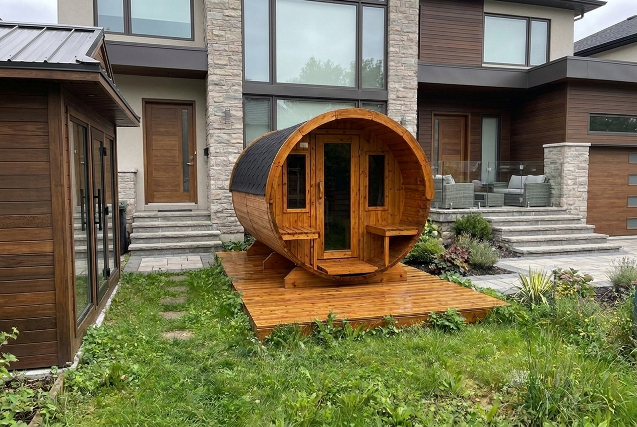 Fasssauna Elite — Luxus Outdoor Sauna mit Vorraum & Terrasse