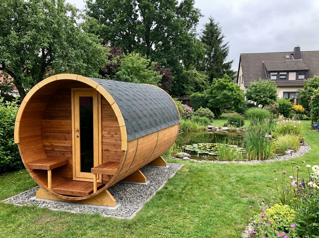 Fasssauna Elite — Luxus Outdoor Sauna mit Vorraum & Terrasse