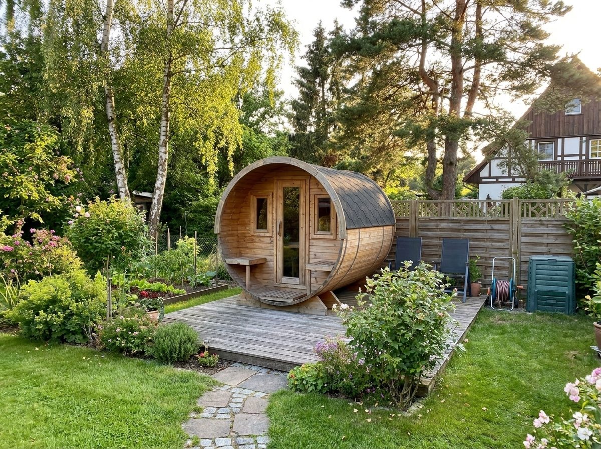 Fasssauna Essential — Premium Outdoor Sauna mit Terrasse