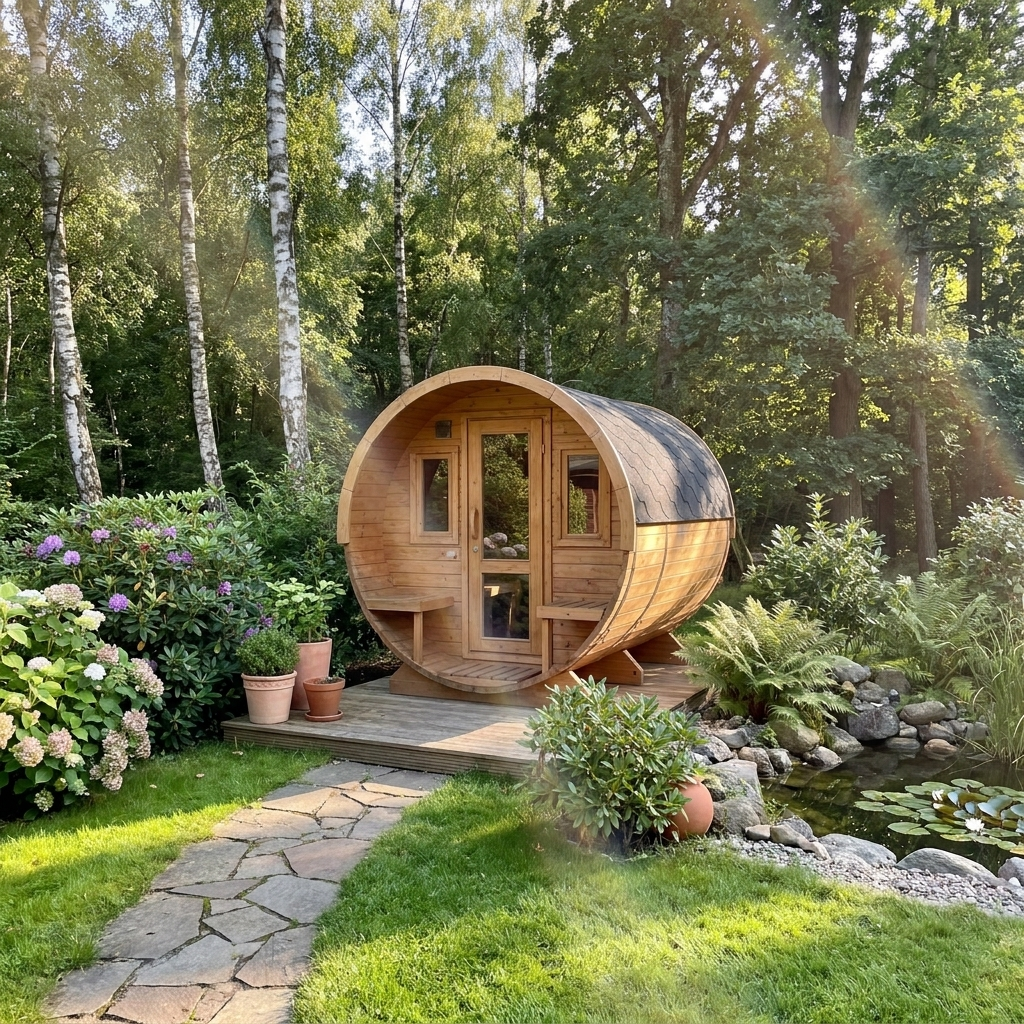 Fasssauna Essential — Premium Outdoor Sauna mit Terrasse